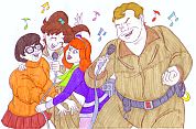 Ray, Daphne, Lita, and Velma sing along with a karaoke machine.